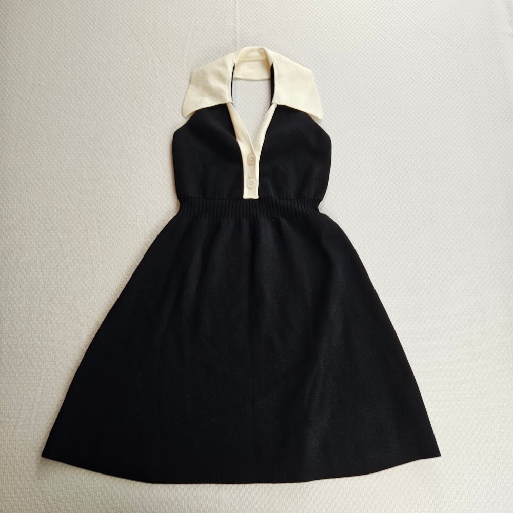 Pinup Retro 50s 60s Black Cream Knit Halter Dress Mod A-Line Mini M Atomic